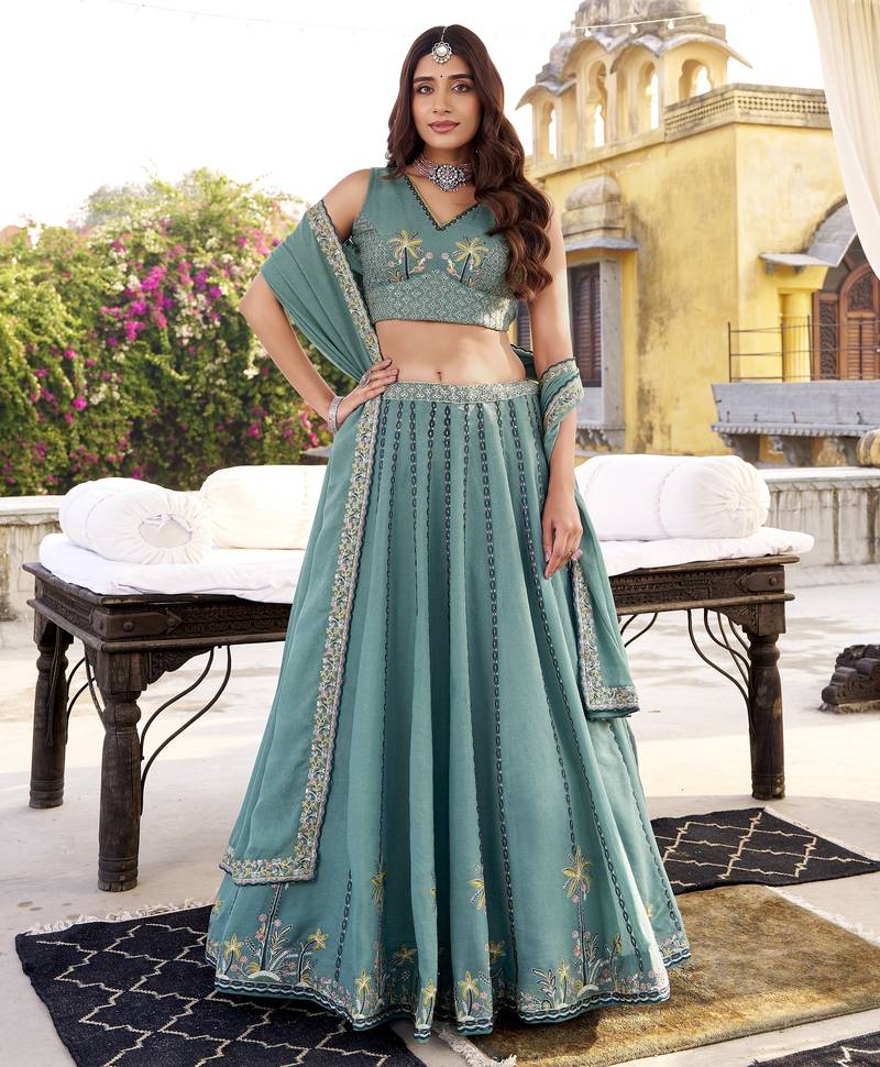Sky Blue Star Georgette Fabric Sequins & Thread Embroidered Lehenga Choli Set with Matching Dupatta