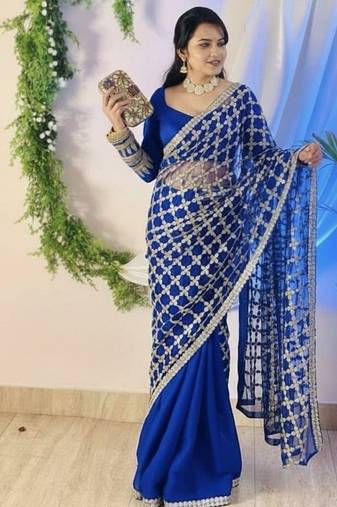 Royal Blue Color Real Mirror Work Lace Satin Silk Saree