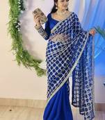 Royal Blue Color Real Mirror Work Lace Satin Silk Saree