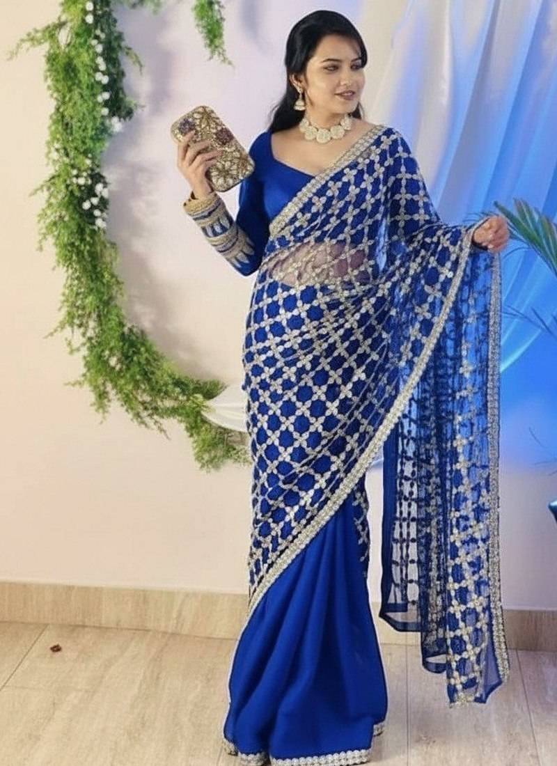 Royal Blue Color Real Mirror Work Lace Satin Silk Saree