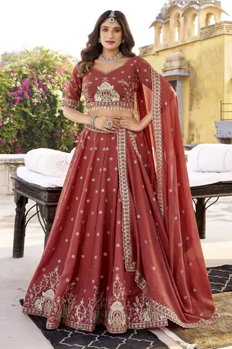 Rust Orange Star Georgette Fabric Sequins & Thread Embroidered Lehenga Choli Set with Matching Dupatta