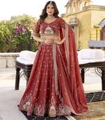 Rust Orange Star Georgette Fabric Sequins & Thread Embroidered Lehenga Choli Set with Matching Dupatta