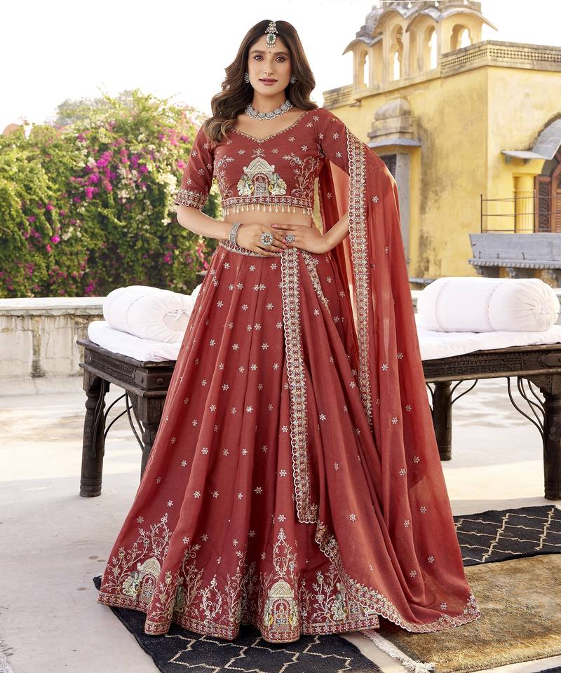 Rust Orange Star Georgette Fabric Sequins & Thread Embroidered Lehenga Choli Set with Matching Dupatta