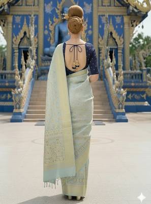 Blue ready to wear jacquard silk  saree and ready to wear jacquard silk  blouse with cup 3