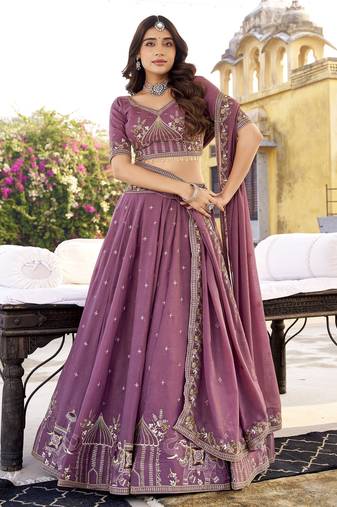 Onion Pink Star Georgette Fabric Sequins & Thread Embroidered Lehenga Choli Set with Matching Dupatta