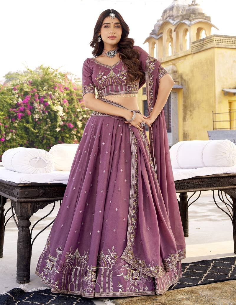 Onion Pink Star Georgette Fabric Sequins & Thread Embroidered Lehenga Choli Set with Matching Dupatta