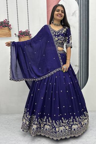 Violet Chinon Silk  Fabric Sequins & Thread Embroidered Lehenga Choli Set with Matching Dupatta