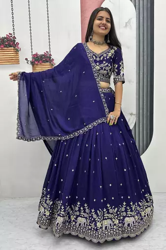 Violet Chinon Silk  Fabric Sequins & Thread Embroidered Lehenga Choli Set with Matching Dupatta