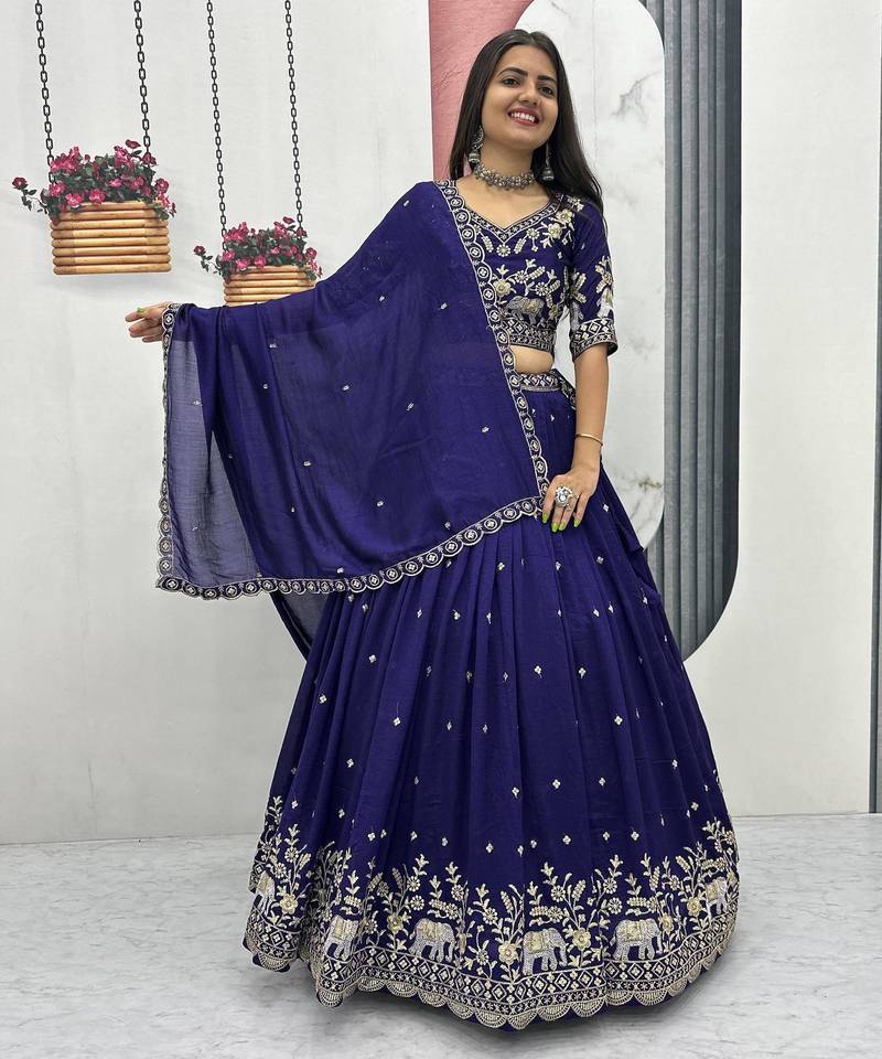 Violet Chinon Silk  Fabric Sequins & Thread Embroidered Lehenga Choli Set with Matching Dupatta