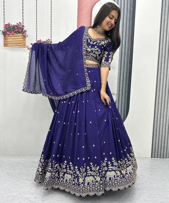Violet Chinon Silk  Fabric Sequins & Thread Embroidered Lehenga Choli Set with Matching Dupatta 2