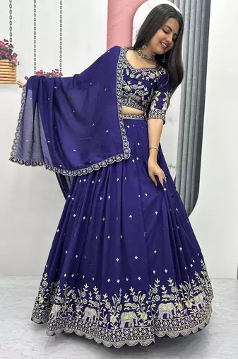 Violet Chinon Silk  Fabric Sequins & Thread Embroidered Lehenga Choli Set with Matching Dupatta