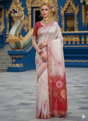 Red ready to wear jacquard silk  saree and ready to wear jacquard silk  blouse with cup 1