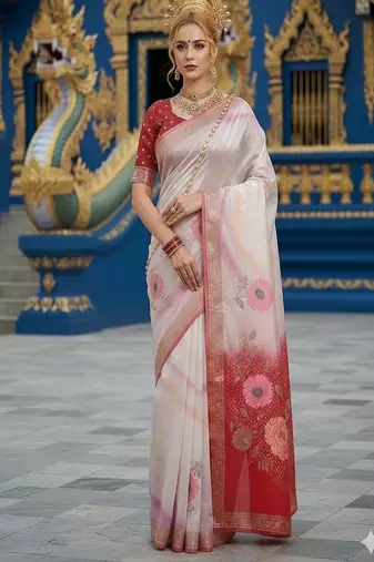 Red ready to wear jacquard silk  saree and ready to wear jacquard silk  blouse with cup