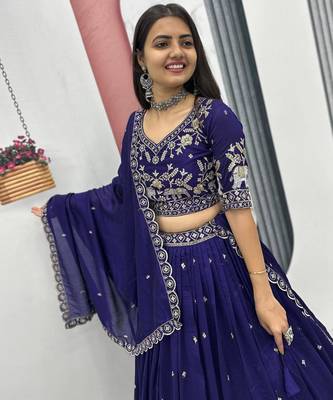 Violet Chinon Silk  Fabric Sequins & Thread Embroidered Lehenga Choli Set with Matching Dupatta 3