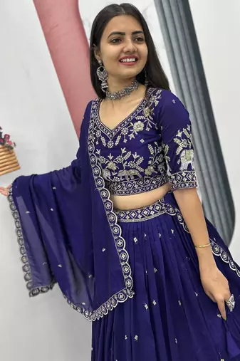 Violet Chinon Silk  Fabric Sequins & Thread Embroidered Lehenga Choli Set with Matching Dupatta