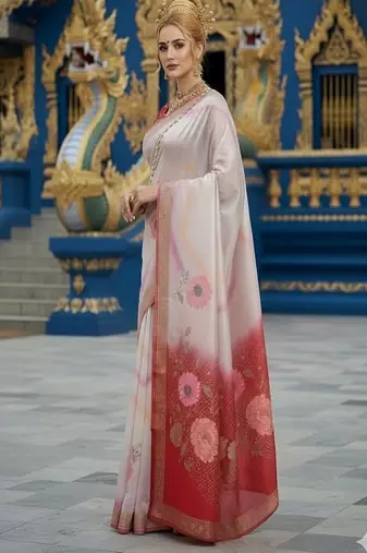 Red ready to wear jacquard silk  saree and ready to wear jacquard silk  blouse with cup