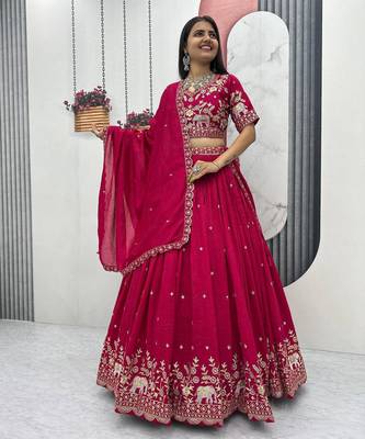 Pink Chinon Silk  Fabric Sequins & Thread Embroidered Lehenga Choli Set with Matching Dupatta 1
