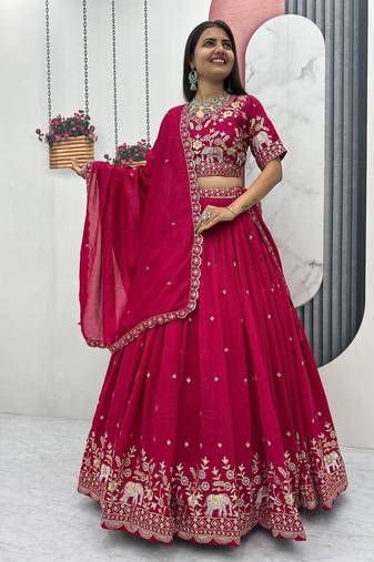 Pink Chinon Silk  Fabric Sequins & Thread Embroidered Lehenga Choli Set with Matching Dupatta