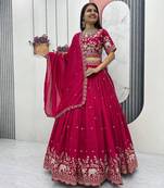 Pink Chinon Silk  Fabric Sequins & Thread Embroidered Lehenga Choli Set with Matching Dupatta