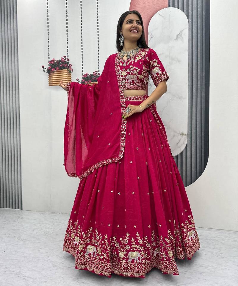 Pink Chinon Silk  Fabric Sequins & Thread Embroidered Lehenga Choli Set with Matching Dupatta