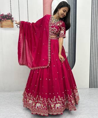 Pink Chinon Silk  Fabric Sequins & Thread Embroidered Lehenga Choli Set with Matching Dupatta 2