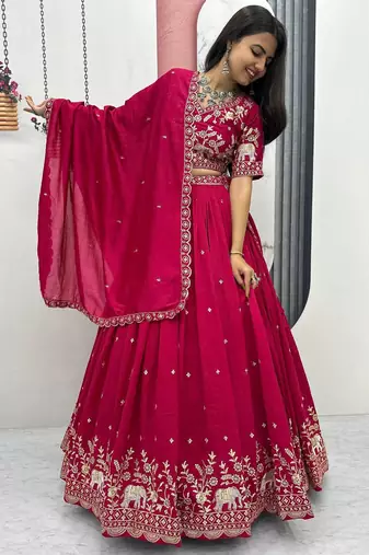Pink Chinon Silk  Fabric Sequins & Thread Embroidered Lehenga Choli Set with Matching Dupatta