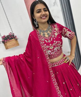 Pink Chinon Silk  Fabric Sequins & Thread Embroidered Lehenga Choli Set with Matching Dupatta 3