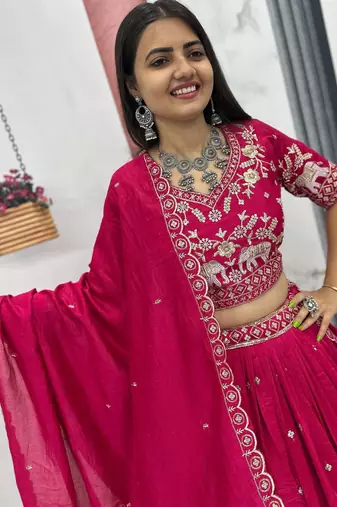 Pink Chinon Silk  Fabric Sequins & Thread Embroidered Lehenga Choli Set with Matching Dupatta