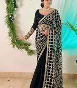 Teal Color Real Mirror Work Lace Satin Silk Saree