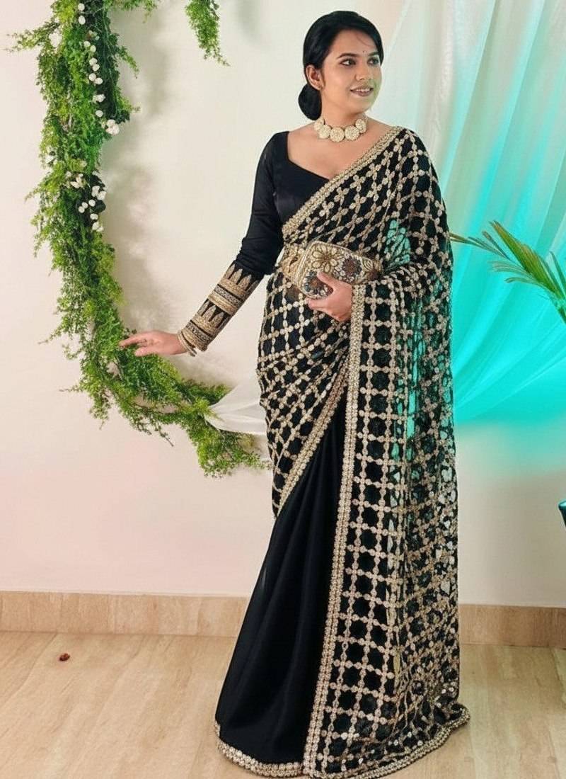 Teal Color Real Mirror Work Lace Satin Silk Saree