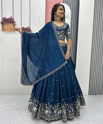 Rama Blue Chinon Silk  Fabric Sequins & Thread Embroidered Lehenga Choli Set with Matching Dupatta 1