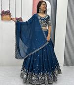 Rama Blue Chinon Silk  Fabric Sequins & Thread Embroidered Lehenga Choli Set with Matching Dupatta