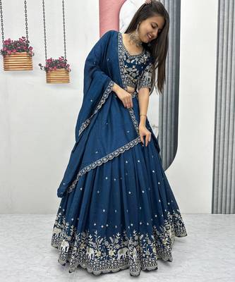 Rama Blue Chinon Silk  Fabric Sequins & Thread Embroidered Lehenga Choli Set with Matching Dupatta 2
