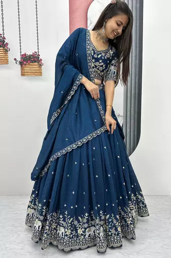 Rama Blue Chinon Silk  Fabric Sequins & Thread Embroidered Lehenga Choli Set with Matching Dupatta