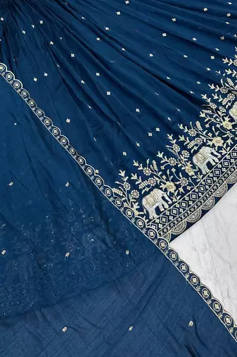 Rama Blue Chinon Silk  Fabric Sequins & Thread Embroidered Lehenga Choli Set with Matching Dupatta