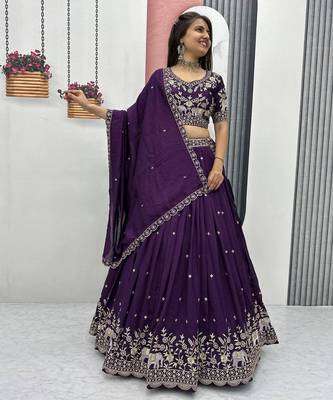 Wine Chinon Silk  Fabric Sequins & Thread Embroidered Lehenga Choli Set with Matching Dupatta 1