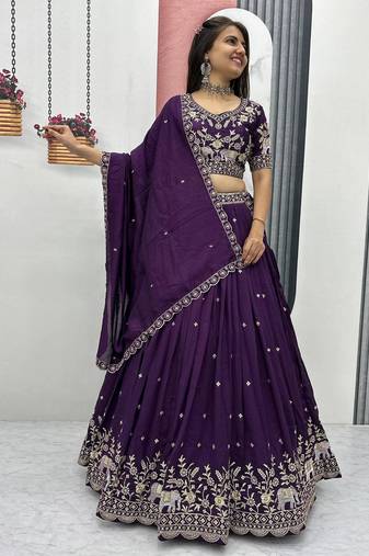Wine Chinon Silk  Fabric Sequins & Thread Embroidered Lehenga Choli Set with Matching Dupatta