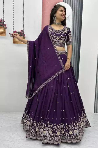 Wine Chinon Silk  Fabric Sequins & Thread Embroidered Lehenga Choli Set with Matching Dupatta