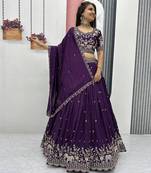 Wine Chinon Silk  Fabric Sequins & Thread Embroidered Lehenga Choli Set with Matching Dupatta