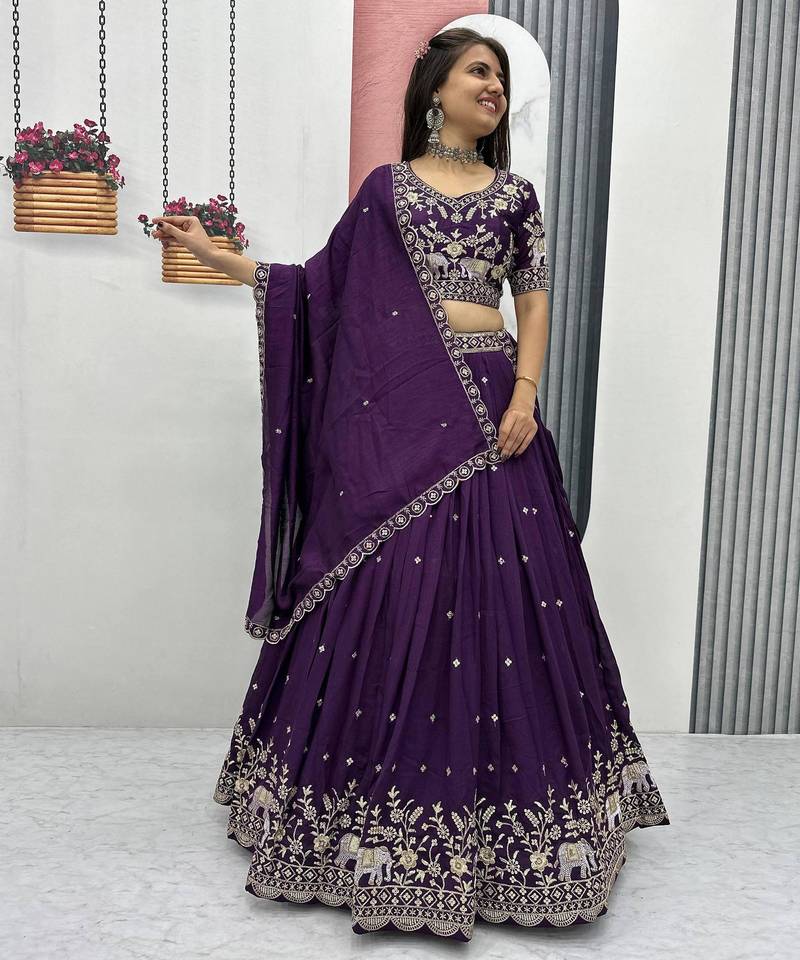 Wine Chinon Silk  Fabric Sequins & Thread Embroidered Lehenga Choli Set with Matching Dupatta