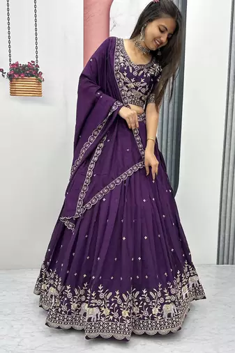 Wine Chinon Silk  Fabric Sequins & Thread Embroidered Lehenga Choli Set with Matching Dupatta