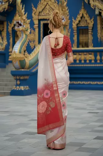 Red ready to wear jacquard silk  saree and ready to wear jacquard silk  blouse with cup