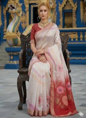 Red ready to wear jacquard silk  saree and ready to wear jacquard silk  blouse with cup 4