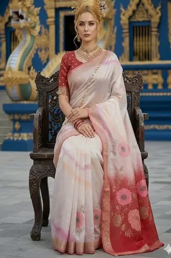 Red ready to wear jacquard silk  saree and ready to wear jacquard silk  blouse with cup
