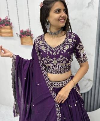 Wine Chinon Silk  Fabric Sequins & Thread Embroidered Lehenga Choli Set with Matching Dupatta 3