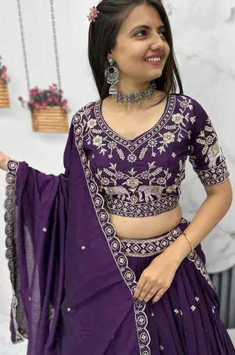 Wine Chinon Silk  Fabric Sequins & Thread Embroidered Lehenga Choli Set with Matching Dupatta