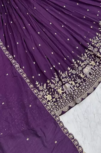 Wine Chinon Silk  Fabric Sequins & Thread Embroidered Lehenga Choli Set with Matching Dupatta
