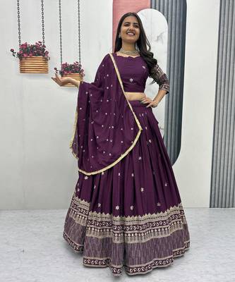 Wine Chinon Silk  Fabric Sequins & Thread Embroidered Lehenga Choli Set with Matching Dupatta 1