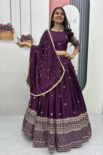 Wine Chinon Silk  Fabric Sequins & Thread Embroidered Lehenga Choli Set with Matching Dupatta