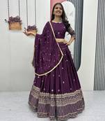Wine Chinon Silk  Fabric Sequins & Thread Embroidered Lehenga Choli Set with Matching Dupatta